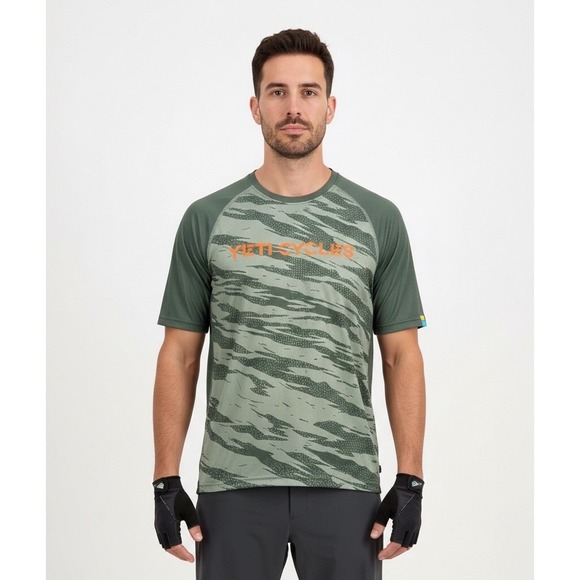 Yeti Tops - Yeti Cycles MTB Jersey Mens Large Sage Green Tiger Stripe Camo Trail Cycling Tee